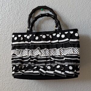 Black & white polka dot ruffle tote bag with handles